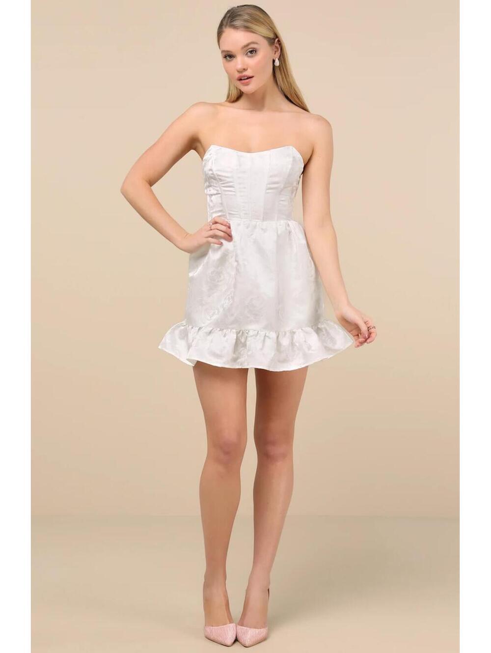 NWT (Flaw) Lulus Luxe Delight Ivory Jacquard Strapless Bustier Mini Dress Size M